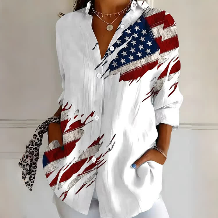 Patriotic American Flag Print Button-down Long Sleeve Blouse - White - 4XL - image 1