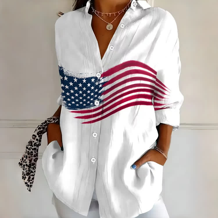 Vintage Flag Design Print Button-down Long Sleeve Blouse - White - 4XL - image 1