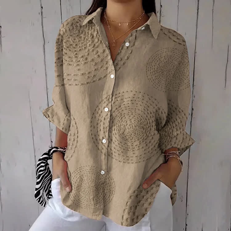 Minimalist Stitched Circle Print Half-sleeve Button-Down Shirt - Khaki - US 26 (6XL) - image 2