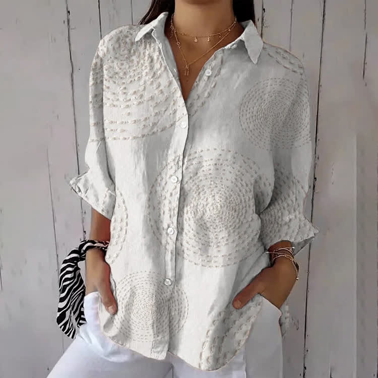 Minimalist Stitched Circle Print Half-sleeve Button-Down Shirt - White - US 26 (6XL) - image 1