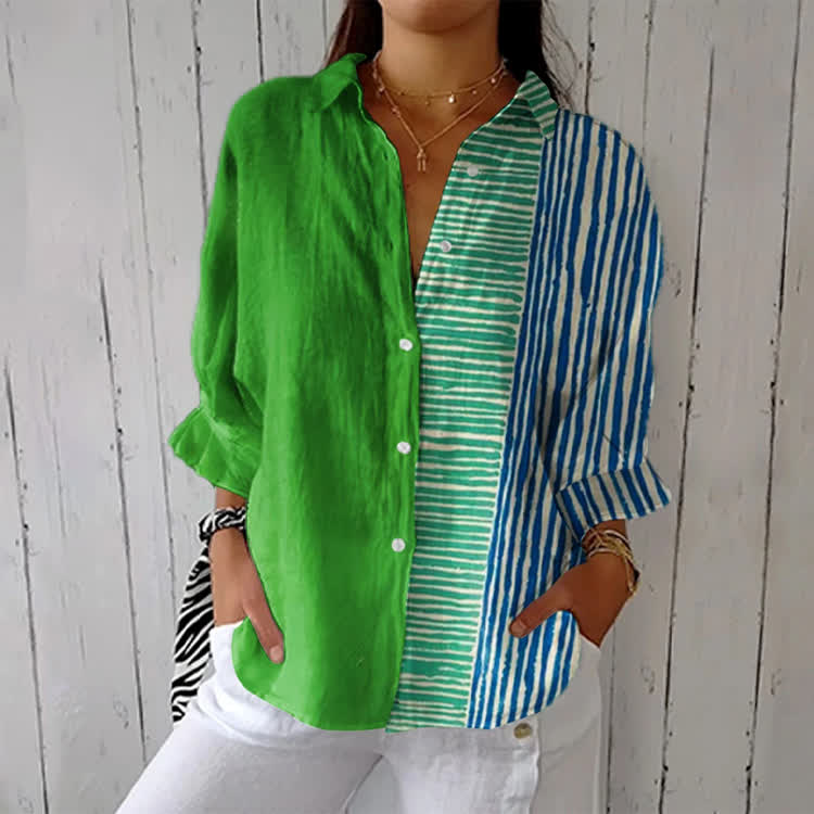 Minimalist Striped Color-Blocking Print Half-Sleeve Button-Down Shirt - Green - US 26 (6XL) - image 1