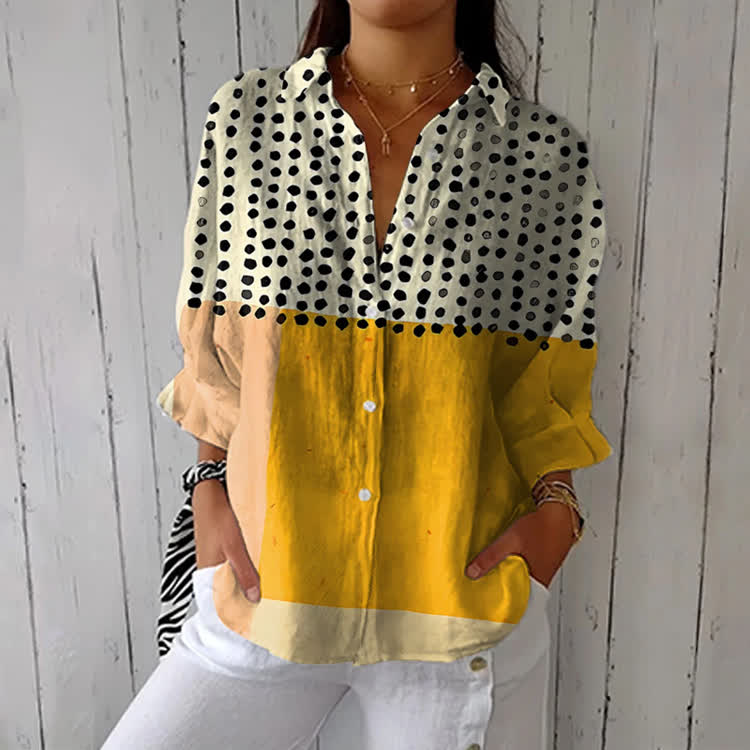 Minimalist Color Blocks And Polka Dots Print Half-Sleeve Button-Down Shirt - Khaki - US 26 (6XL) - image 1