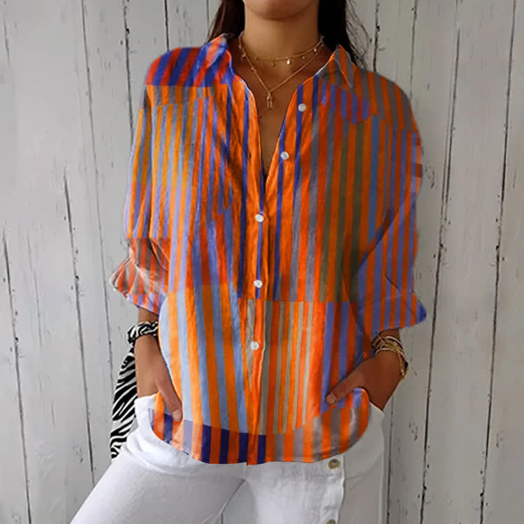 Retro Color-Block Stripes Print Half-Sleeve Button-Down Shirt - Orange - US 26 (6XL) - image 1