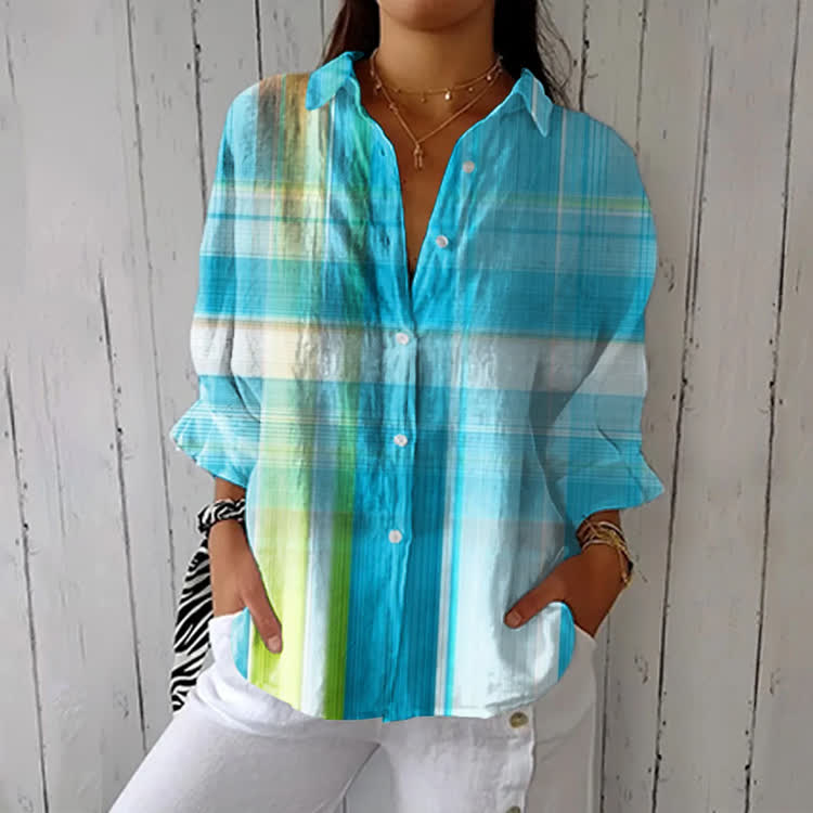 Retro Colorful Pinstripes Print Half-Sleeve Button-Down Shirt - Light Blue - US 26 (6XL) - image 1