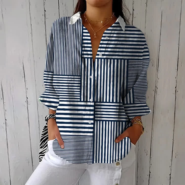 Simple Striped Square Print Half-Sleeve Button-Down Shirt - Black - US 26 (6XL) - image 1