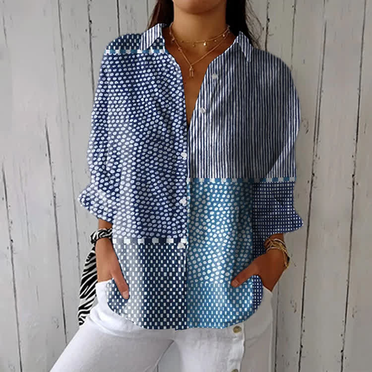 Polka Dot And Stripe Patchwork Print Half-Sleeve Button-Down Shirt - Blue - US 26 (6XL) - image 1