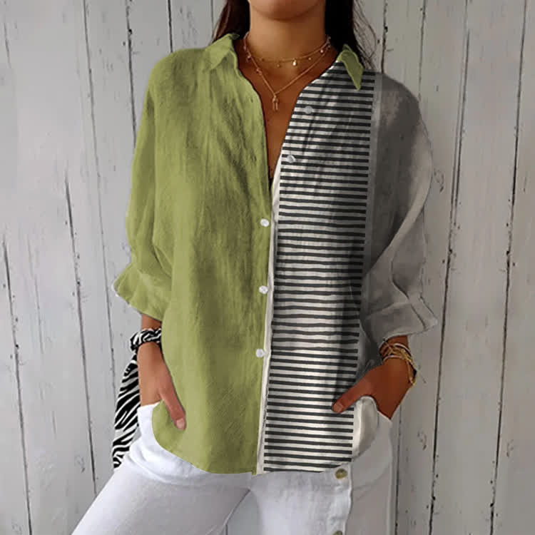 Simple Single-Sided Stripes Print Half-Sleeve Button-Down Shirt - Olive Green - US 26 (6XL) - image 1