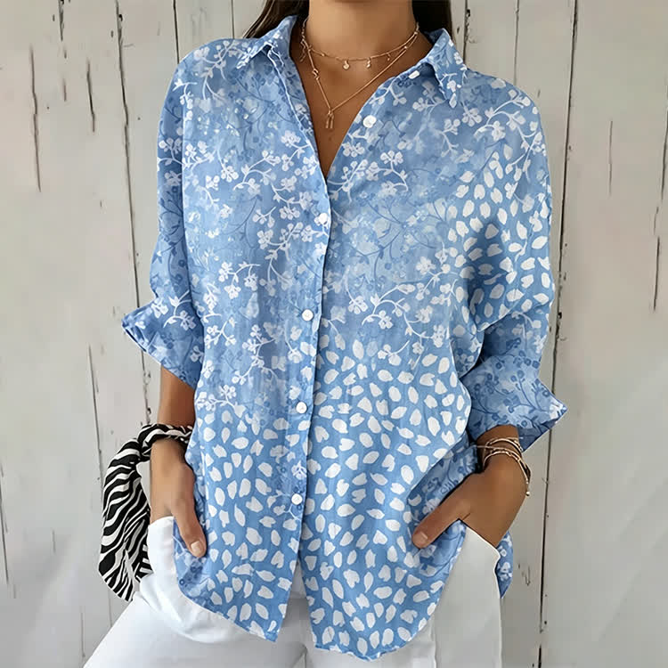 Cherry Blossom Vine Silhouette Print Half-Sleeve Button-Down Shirt - Light Blue - US 26 (6XL) - image 1