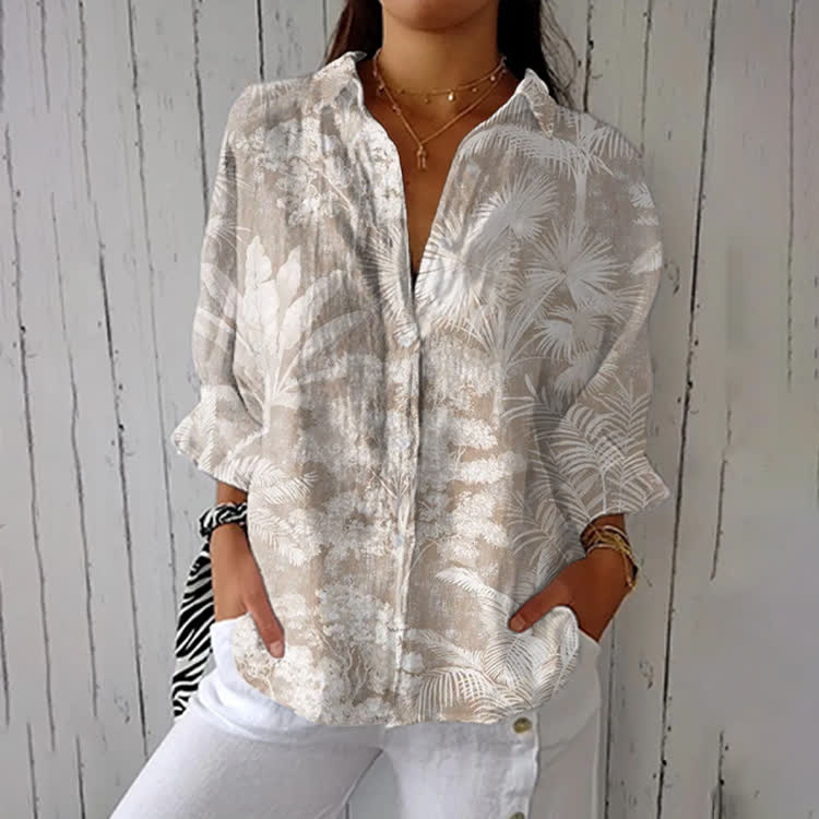 Tropical Plant Silhouettes Print Half-Sleeve Button-Down Shirt - Apricot - US 26 (6XL) - image 1