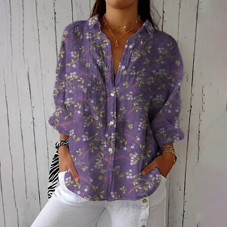 Elegant Plants And Flowers Print Half-Sleeve Button-Down Shirt - Purple - US 26 (6XL) - image 1