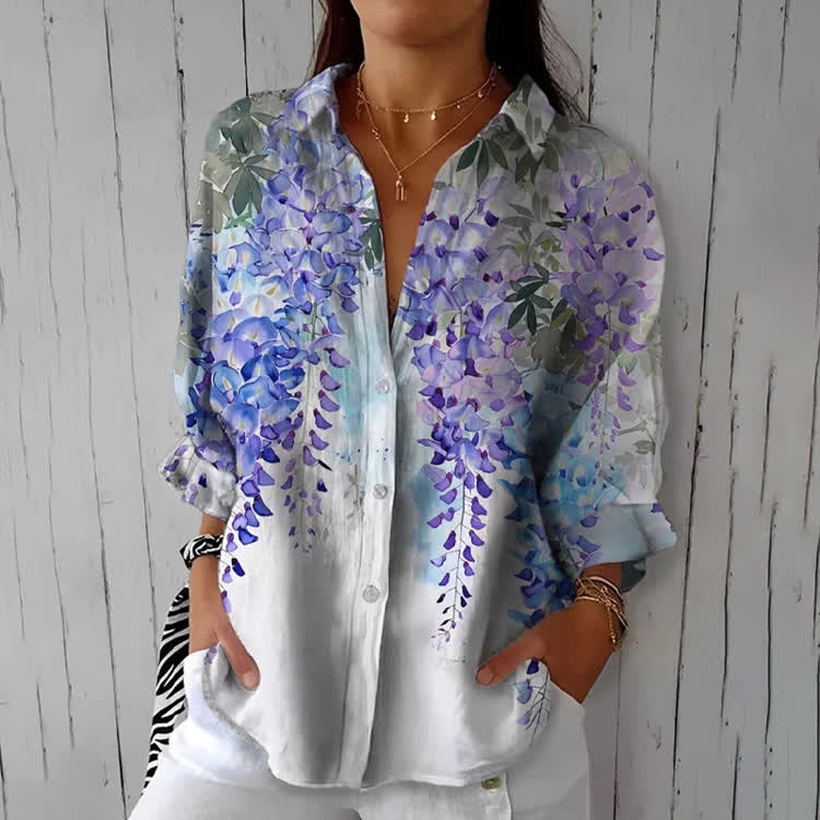 Elegant Watercolor Wisteria Print Half-Sleeve Button-Down Shirt - White - US 26 (6XL) - image 1