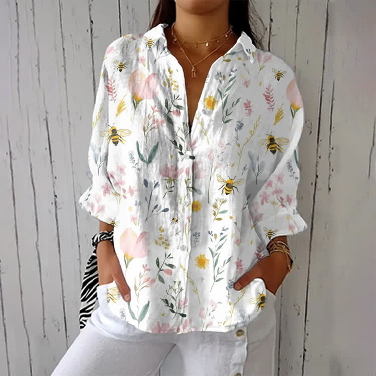 Elegant Bee And Flowers Print Half-Sleeve Button-Down Shirt - White - US 26 (6XL) - image 1