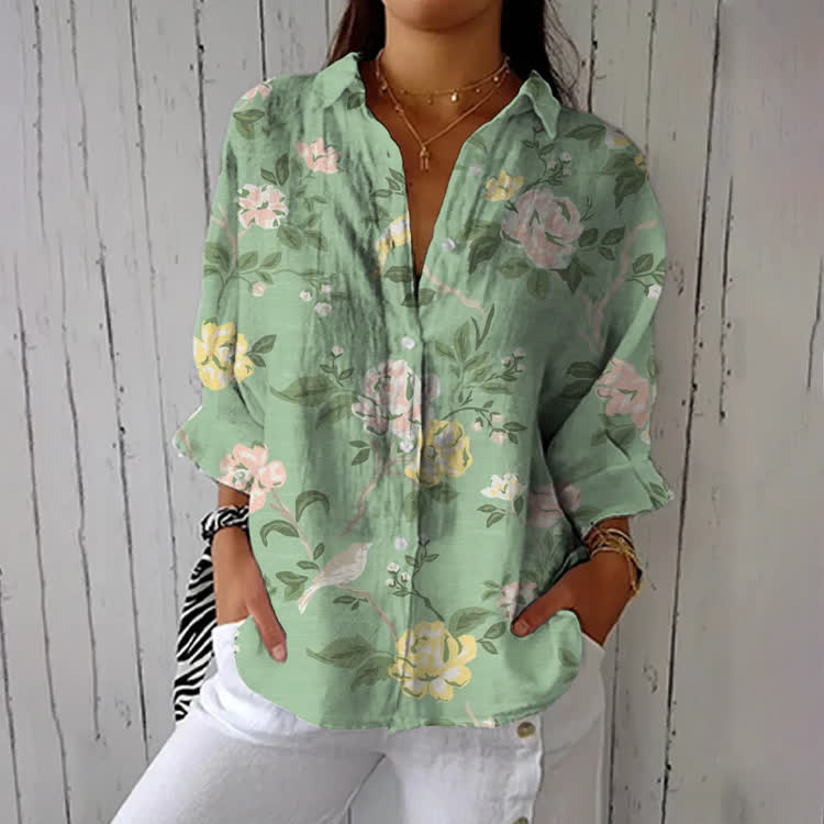 Elegant Floral And Avian Branches Print Half-Sleeve Button-Down Shirt - Light Green - US 26 (6XL) - image 1
