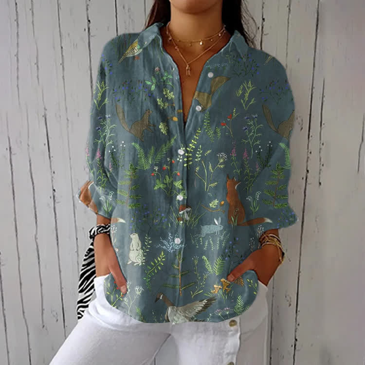 Natural Forests: Animals And Plants Print Half-Sleeve Button-Down Shirt - Army Green - US 26 (6XL) - image 1