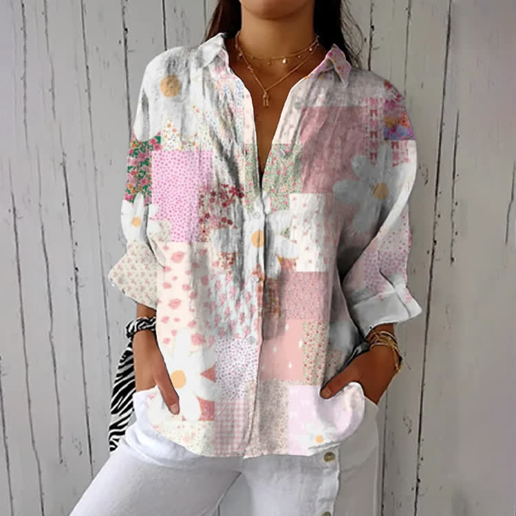 Romantic Floral Patchwork Print Half-Sleeve Button-Down Shirt - Pink - US 26 (6XL) - image 1