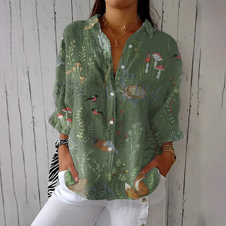 Natural Grassland: Deer And Birds Print Half-Sleeve Button-Down Shirt - Green - US 26 (6XL) - image 1