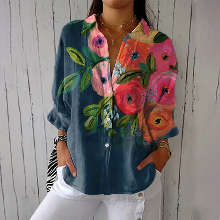 Elegant Watercolor Roses Print Half-Sleeve Button-Down Shirt - Dark Blue - US 26 (6XL) - image 1