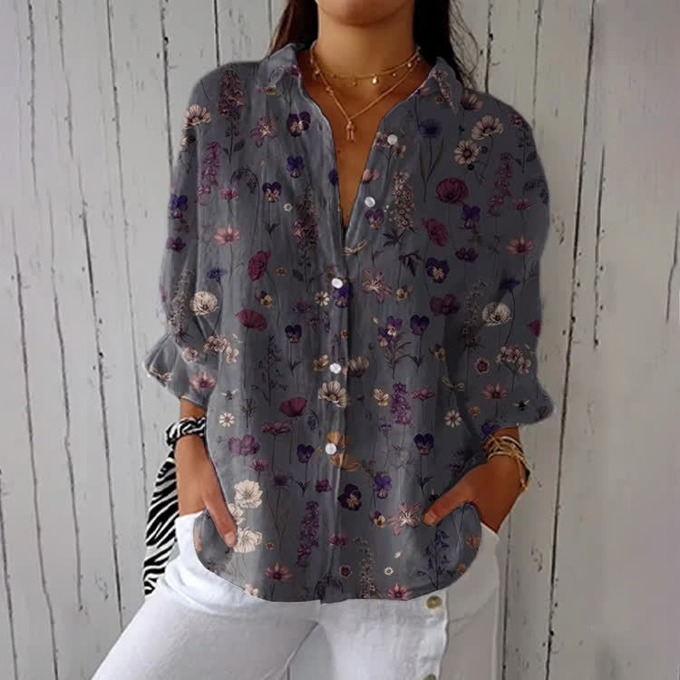 Elegant Wild Daisies Print Half-Sleeve Button-Down Shirt - Dark Grey - US 26 (6XL) - image 1