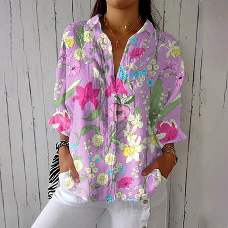 Elegant Lily Garden Print Half-Sleeve Button-Down Shirt - Light Purple - US 26 (6XL) - image 1