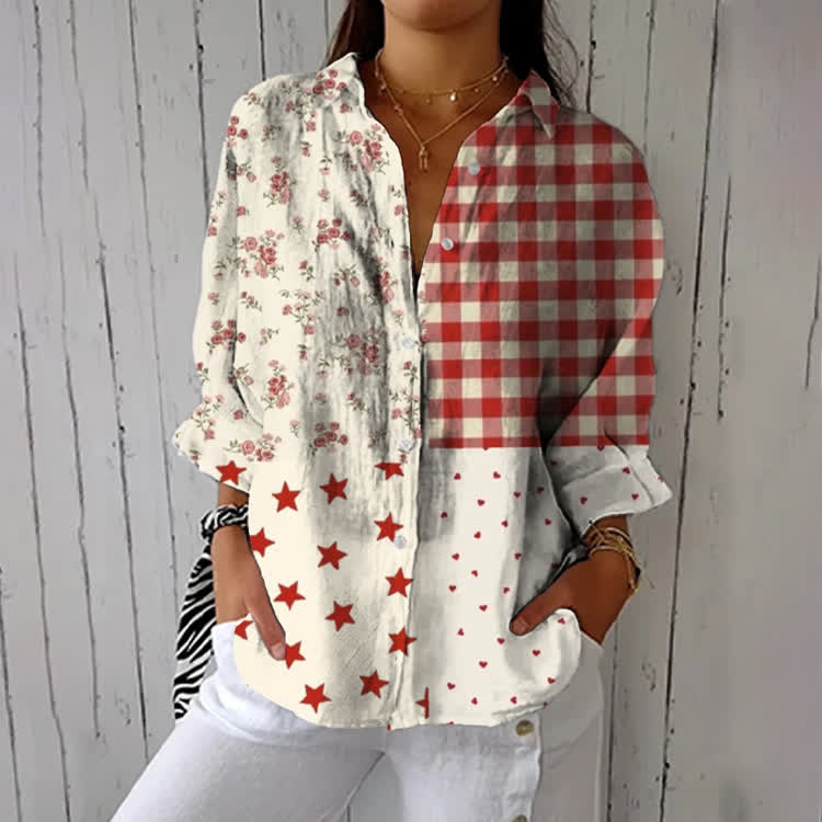 Elegant Plaid And Floral Patchwork Print Half-Sleeve Button-Down Shirt - Red - US 26 (6XL) - image 1