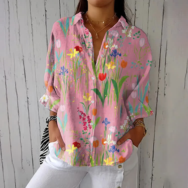 Watercolor-Style Tulip Painting Print Half-Sleeve Button-Down Shirt - Pink - US 26 (6XL) - image 1