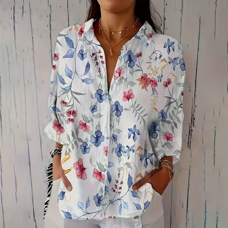 Elegant Watercolor Two-Tone Small Flowers Print Half-Sleeve Button-Down Shirt - White - US 26 (6XL) - image 1