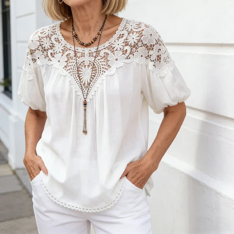 Boho Openwork Lace Trim Round-neck Puff-sleeve Blouse - White - 2XL - image 2