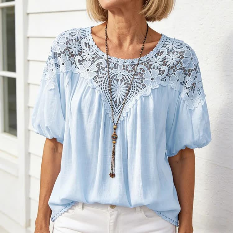 Boho Openwork Lace Trim Round-neck Puff-sleeve Blouse - Light Blue - 2XL - image 1