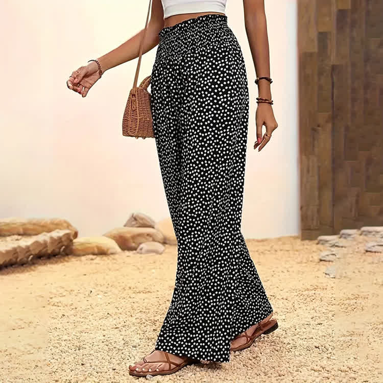 Resort Elegant Dot Print Elastic-waist Ruffled Wide-leg Pants - image 2