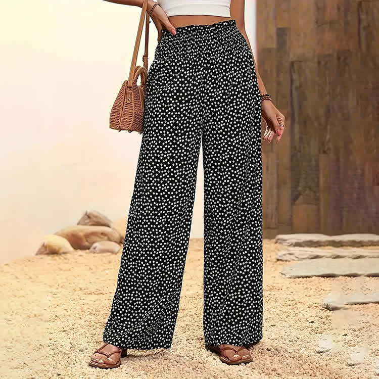 Resort Elegant Dot Print Elastic-waist Ruffled Wide-leg Pants - Black - 2XL - image 1