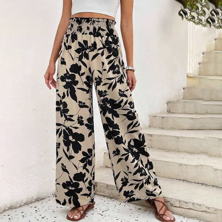 Resort Elegant Floral Silhouettes Print Elastic-Waist Ruffled Wide-Leg Pants - Apricot - 2XL - image 2