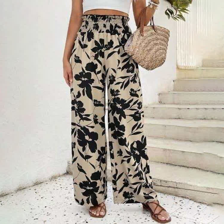 Resort Elegant Floral Silhouettes Print Elastic-Waist Ruffled Wide-Leg Pants - image 1