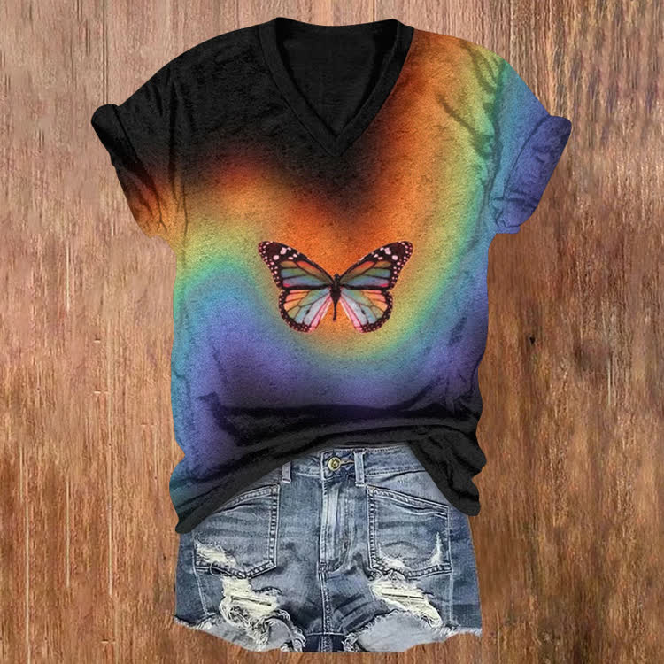 Rainbow Galaxy And Butterflies Pattern Print Short Sleeved V-Neck T-Shirt - Black - US32-34(5XL) - image 1