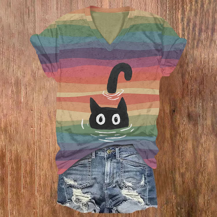 The Rainbow River And The Cat Pattern Print Short Sleeved V-Neck T-Shirt - Green - US32-34(5XL) - image 1