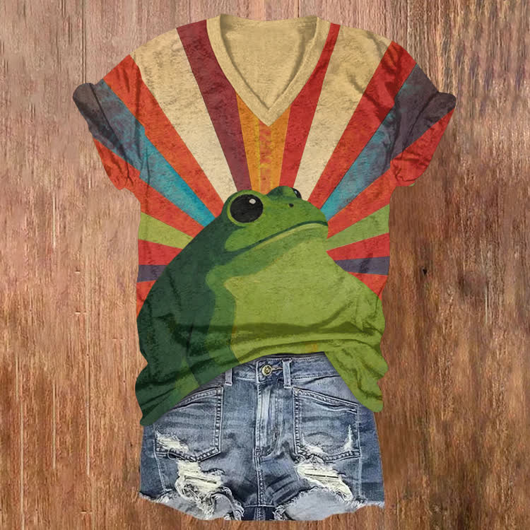 Rainbow Rays And A Frog Pattern Print Short Sleeved V-Neck T-Shirt - Apricot - US32-34(5XL) - image 1