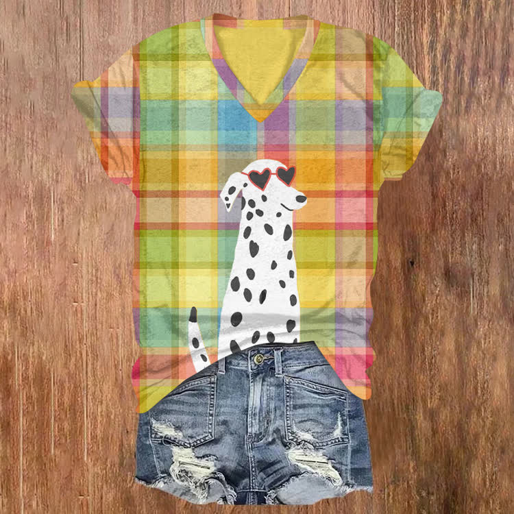 Rainbow Plaids And Dalmatians Pattern Print Short Sleeved V-Neck T-Shirt - Yellow - US32-34(5XL) - image 1