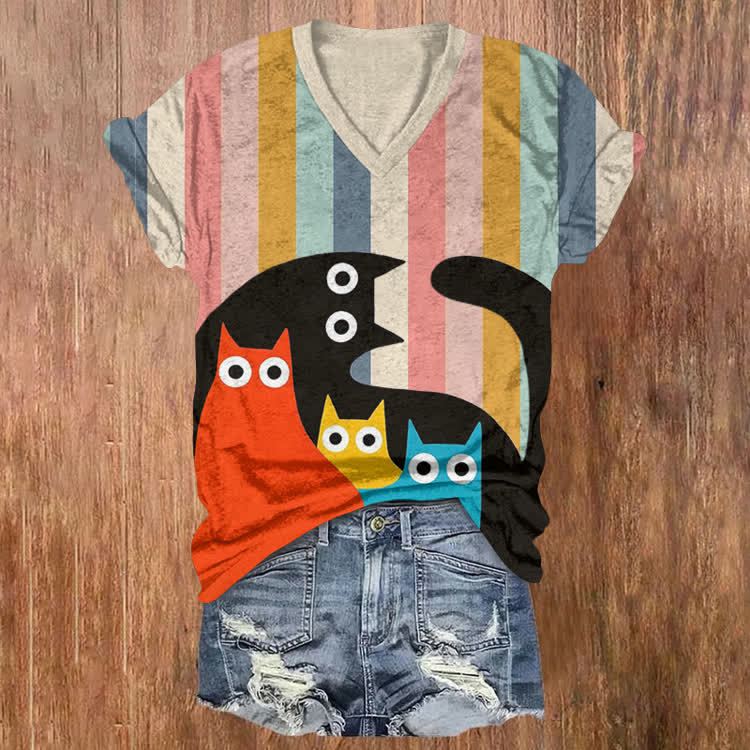 Rainbow Cat And Stripes Pattern Print Short Sleeved V-Neck T-Shirt - Apricot - US32-34(5XL) - image 1