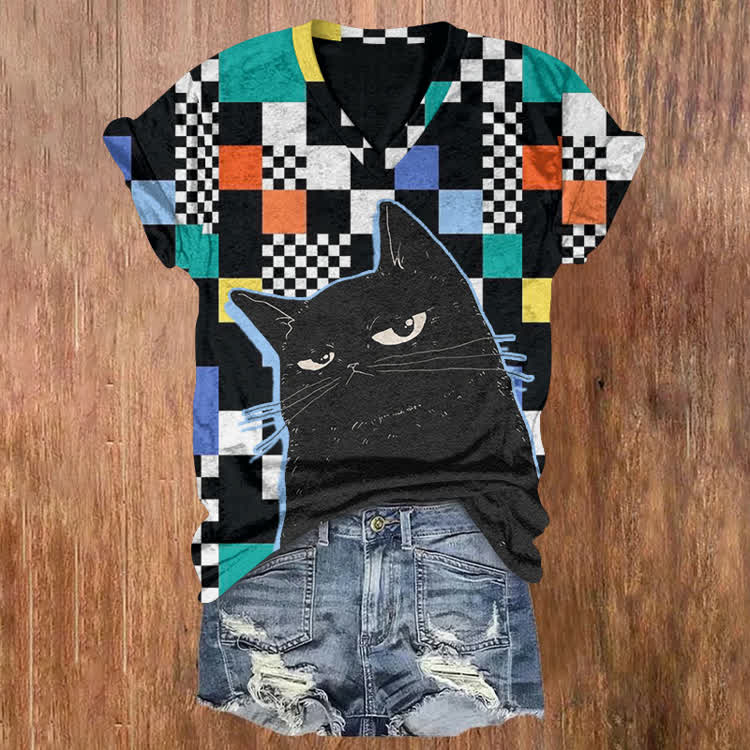 Rainbow Glitch And The Provocative Black Cat Pattern Print Short Sleeved V-Neck T-Shirt - Black - US32-34(5XL) - image 1