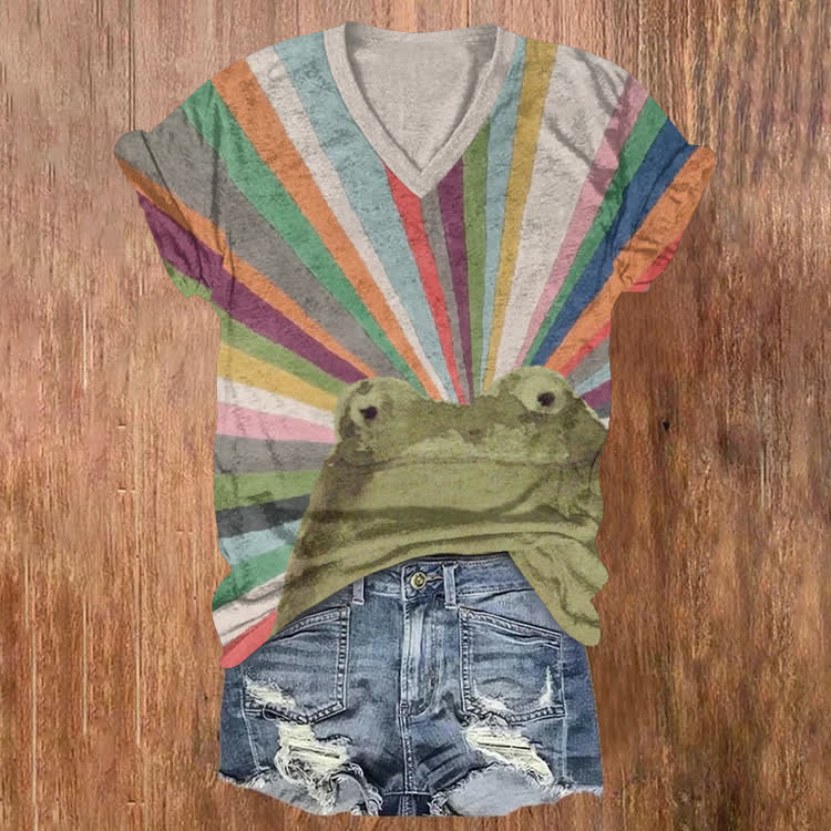 Vintage Rainbow Light And The Toad Pattern Print Short Sleeved V-Neck T-Shirt - Grey - US32-34(5XL) - image 1