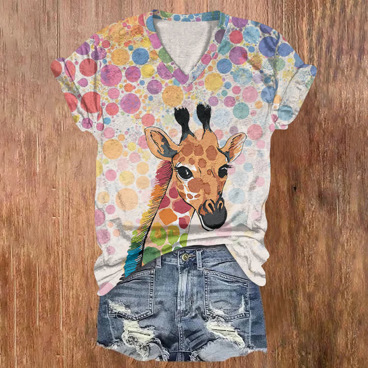 Rainbow-Spotted Giraffe Friend Pattern Print Short Sleeved V-Neck T-Shirt - Light Pink - US32-34(5XL) - image 1