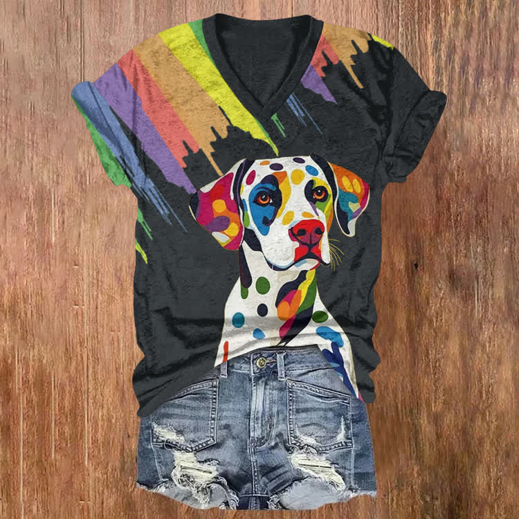 Rainbow Graffiti Dalmatian Pattern Print Short Sleeved V-Neck T-Shirt - Black - US32-34(5XL) - image 1