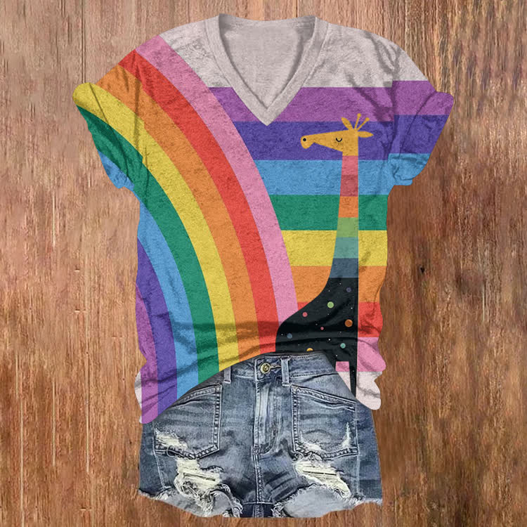 Meet Rainbow Giraffe Friend Pattern Print Short Sleeved V-Neck T-Shirt - Light Purple - US32-34(5XL) - image 1