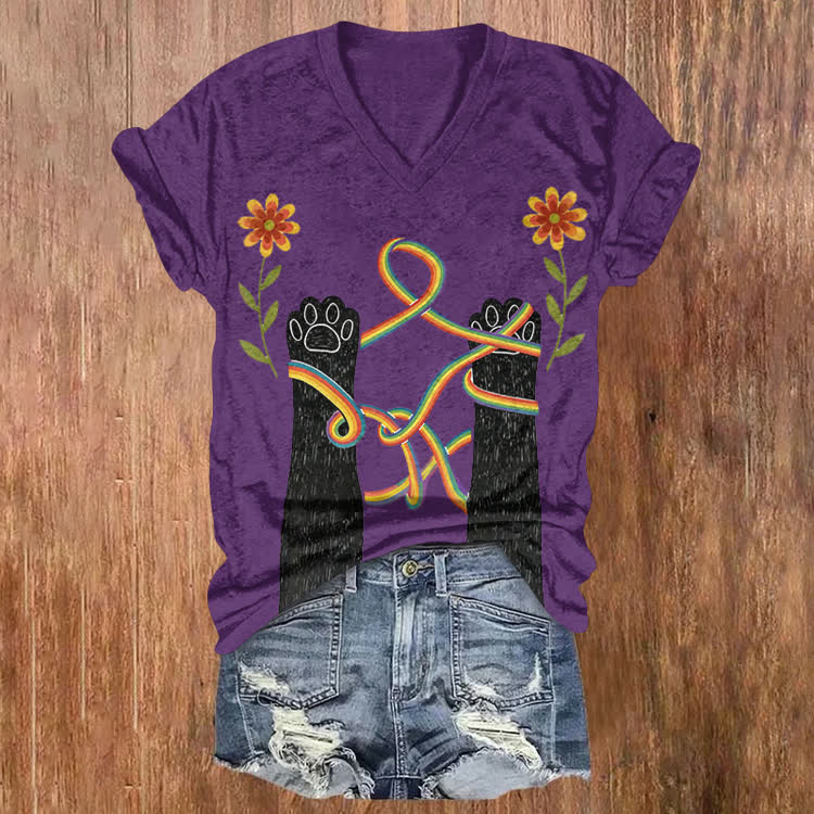 Rainbow And Paws Pattern Print Short Sleeved V-Neck T-Shirt - Purple - US32-34(5XL) - image 2