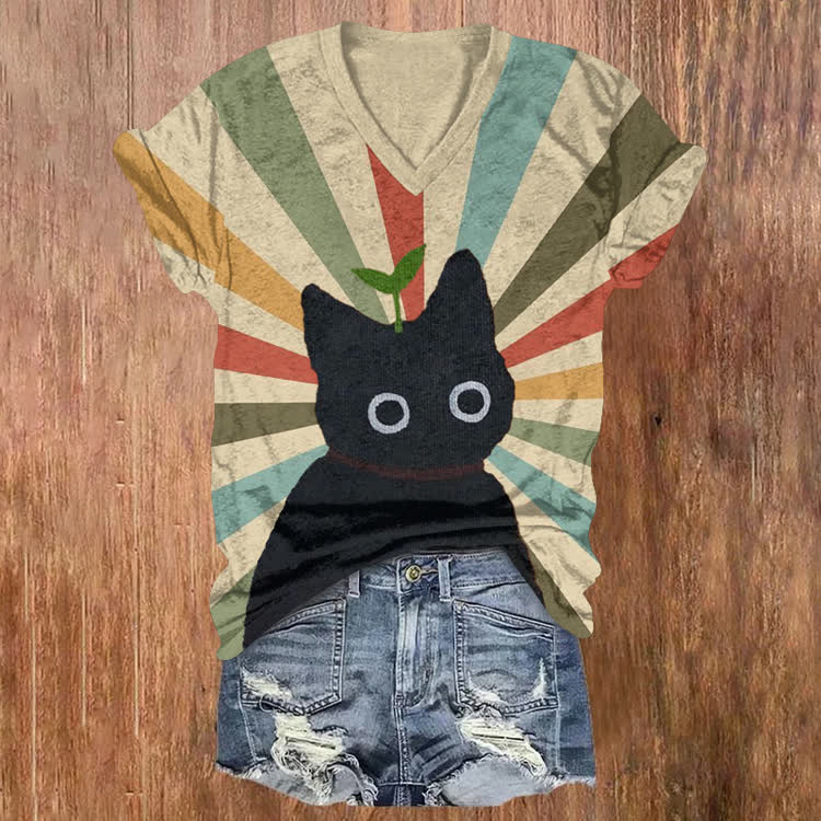 Rainbow Inspiration Black Kitty Pattern Print Short Sleeved V-Neck T-Shirt - Apricot - US32-34(5XL) - image 1
