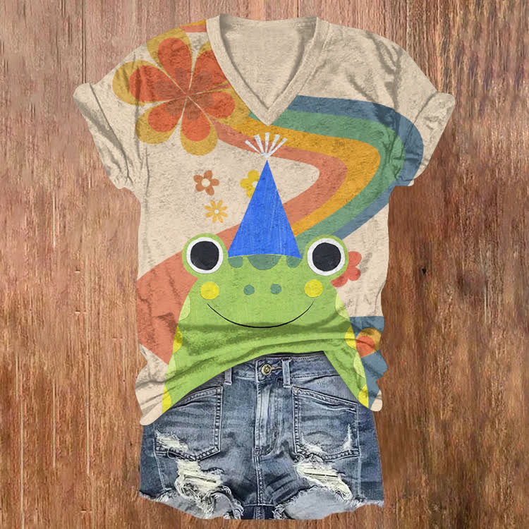 The Rainbow Bridge And The Happy Toad Pattern Print Short Sleeved V-Neck T-Shirt - Apricot - US32-34(5XL) - image 1