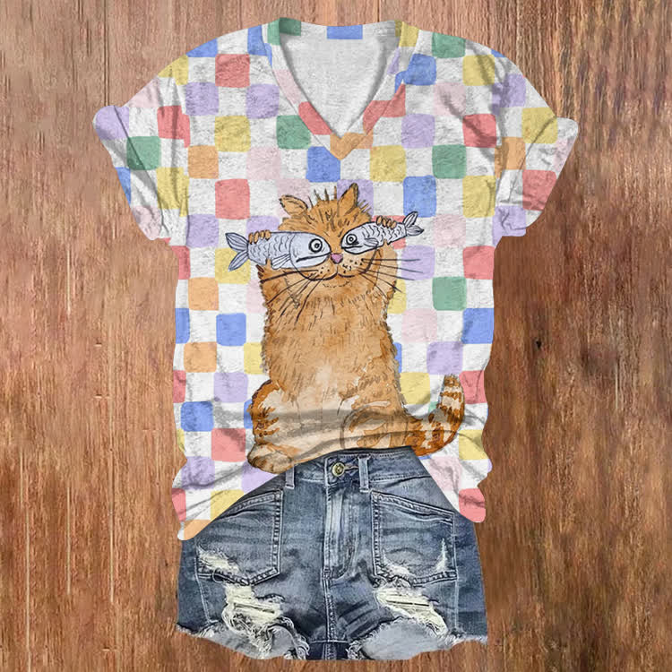 Rainbow Plaid Orange Kitty Pattern Print Short Sleeved V-Neck T-Shirt - White - US32-34(5XL) - image 1