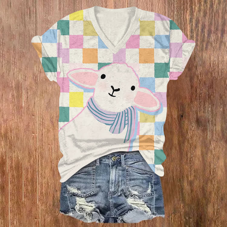 Rainbow Plaid Cute Sheep Pattern Print Short Sleeved V-Neck T-Shirt - White - US32-34(5XL) - image 1