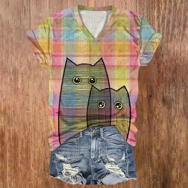 Rainbow Plaids And Cats Outlines Pattern Print Short Sleeved V-Neck T-Shirt - Yellow - US32-34(5XL) - image 2