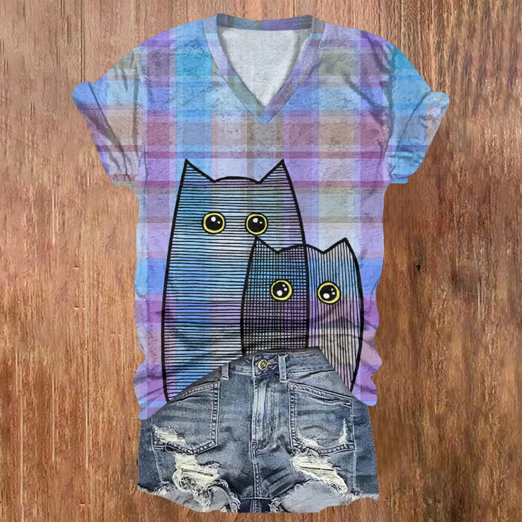 Rainbow Plaids And Cats Outlines Pattern Print Short Sleeved V-Neck T-Shirt - Purple - US32-34(5XL) - image 1
