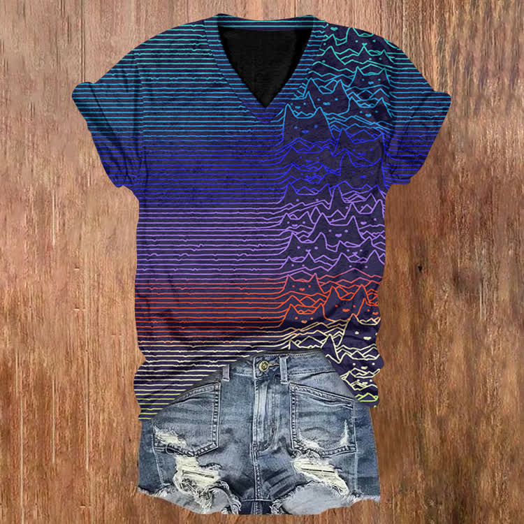 Rainbow Cat Radio Waves Pattern Print Short Sleeved V-Neck T-Shirt - Dark Blue - US32-34(5XL) - image 2